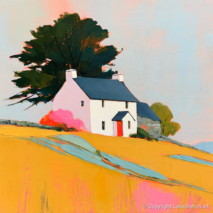 White Stone Cottage in Golden Fields - lake district village art print and canvas by Genevieve Moore A.I