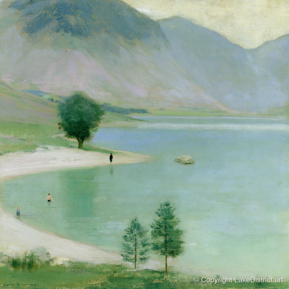 Wild Swimmers in Hazy Wastwater - lake district walking art print and canvas by Charles Waverly A.I