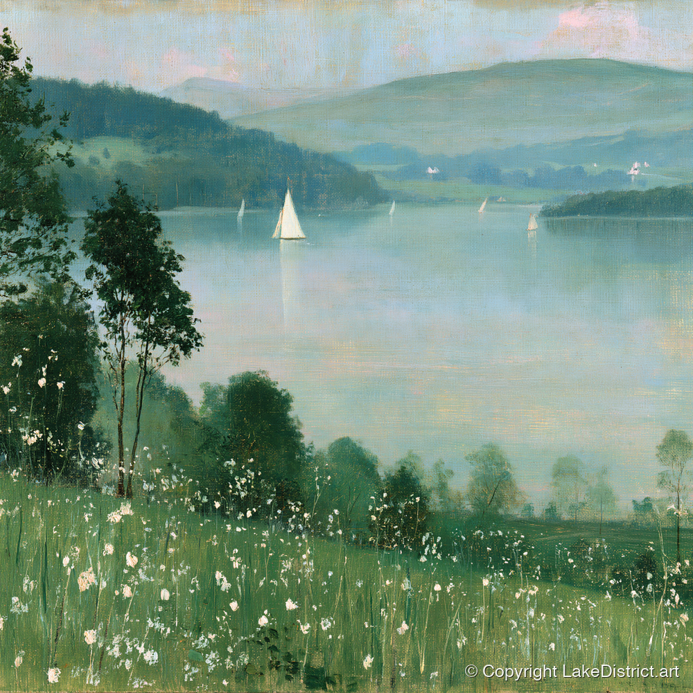 Wildflowers Above Hazy Windermere - windermere wall art art print and canvas by Charles Waverly A.I