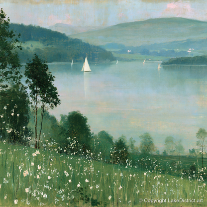 Wildflowers Above Hazy Windermere - windermere wall art art print and canvas by Charles Waverly A.I
