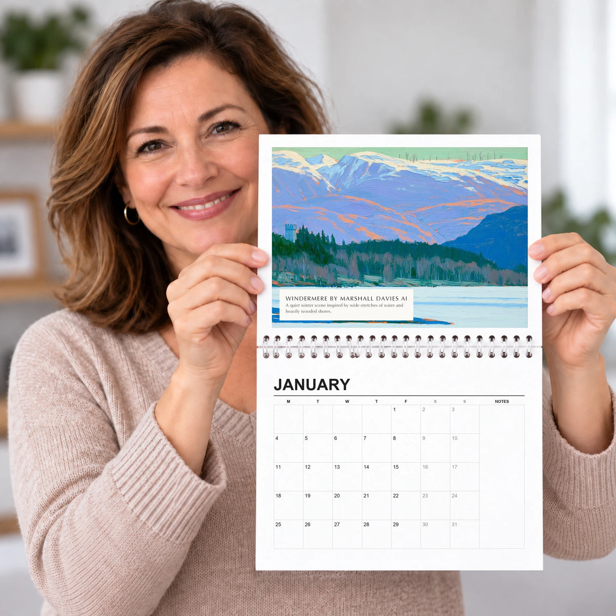 Windermere 2027 wall calendar held open, painting above the dates, a Lake District gift