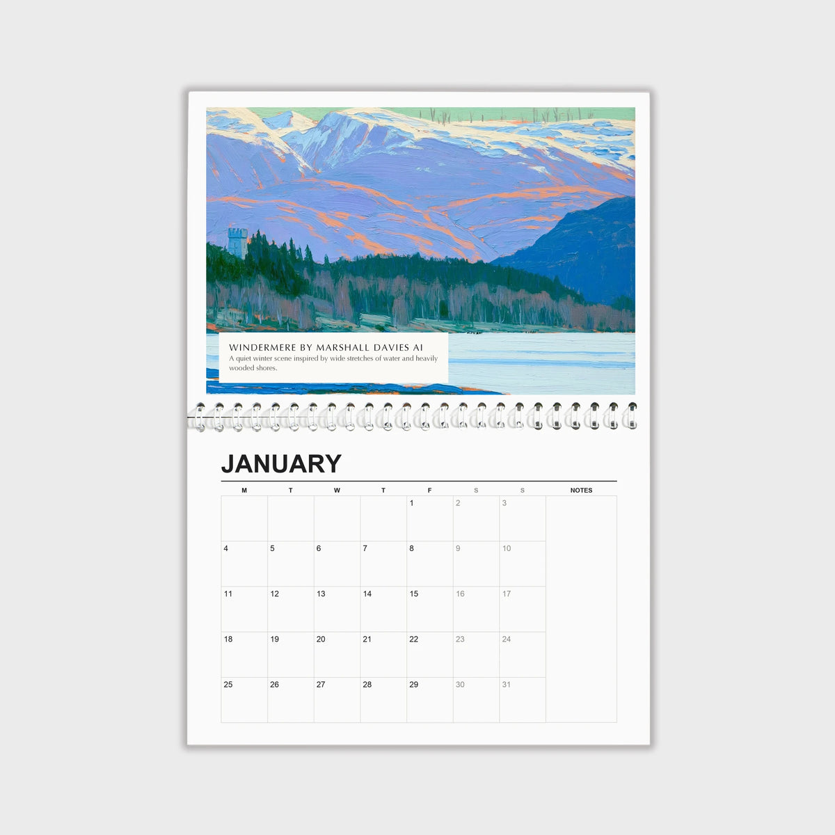 Windermere 2027 wall calendar hanging open, painting above the dates