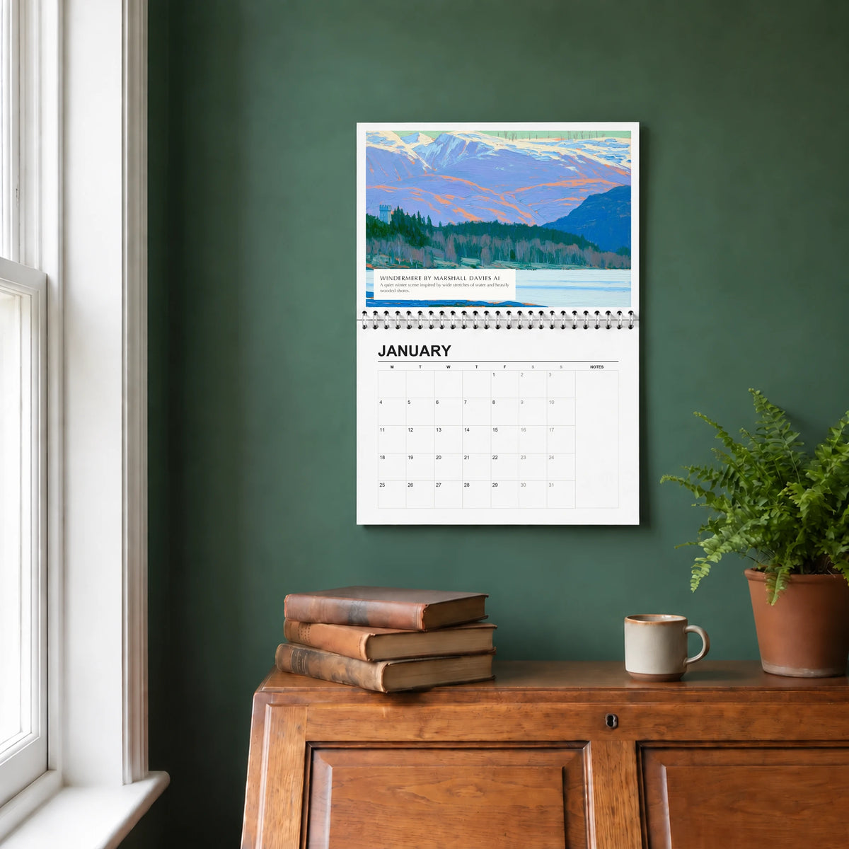 Windermere 2027 wall calendar hanging in a study