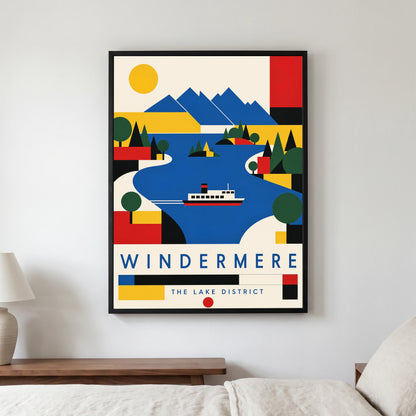 Windermere travel poster in a black frame, hanging in a bedroom3