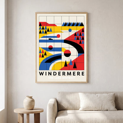 Windermere travel poster in a natural frame, hanging in a living