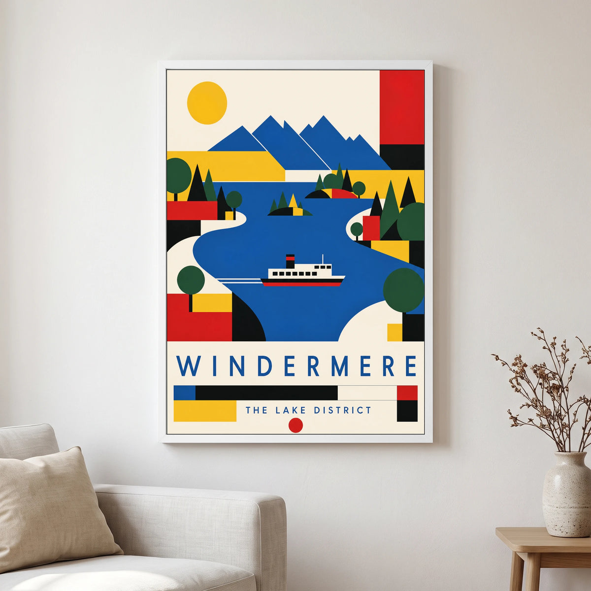Windermere travel poster in a white frame, hanging in a living2