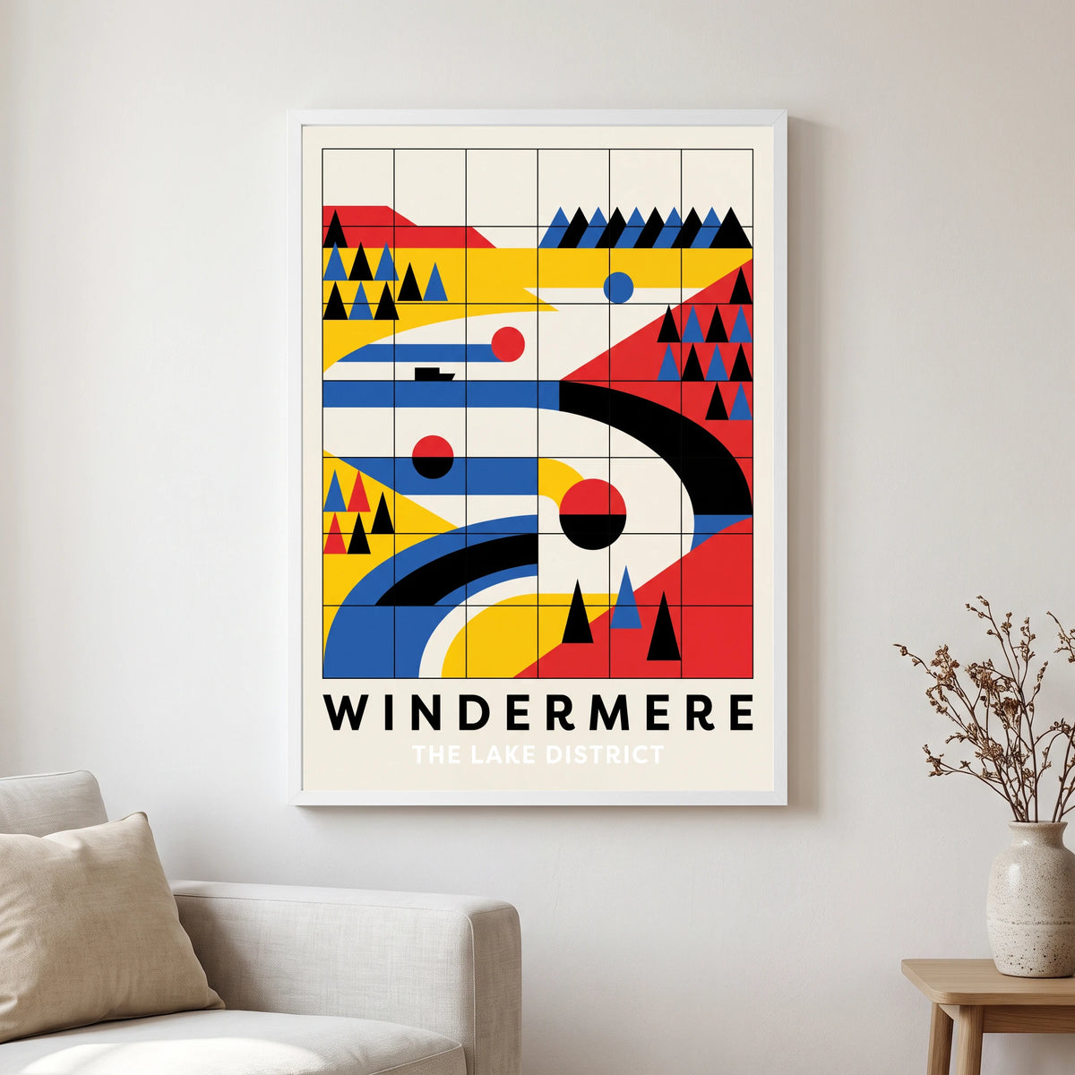 Windermere travel poster in a white frame, hanging in a living2