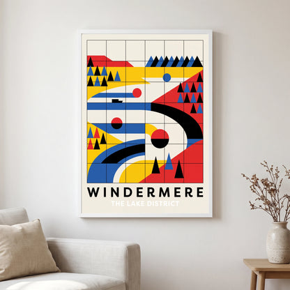 Windermere travel poster in a white frame, hanging in a living2