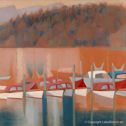 Windermere Boats in Terracotta Light - lake district lake art print and canvas by Arthur Pendelton A.I