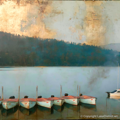 Windermere Boats Under Gold Skies - lake district lake art print and canvas by Silas Thorne A.I