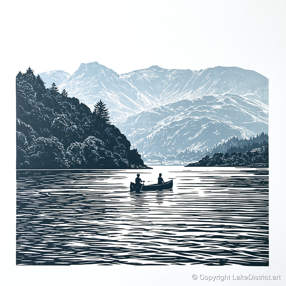 Windermere Canoe In Deep Blue - lake district lake art print and canvas by Alfred Morland A.I