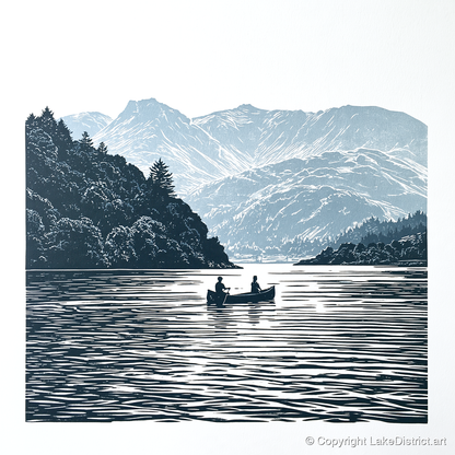 Windermere Canoe In Deep Blue - lake district lake art print and canvas by Alfred Morland A.I