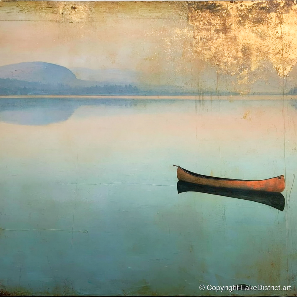 Windermere Canoe in Golden Haze - lake district lake art print and canvas by Silas Thorne A.I
