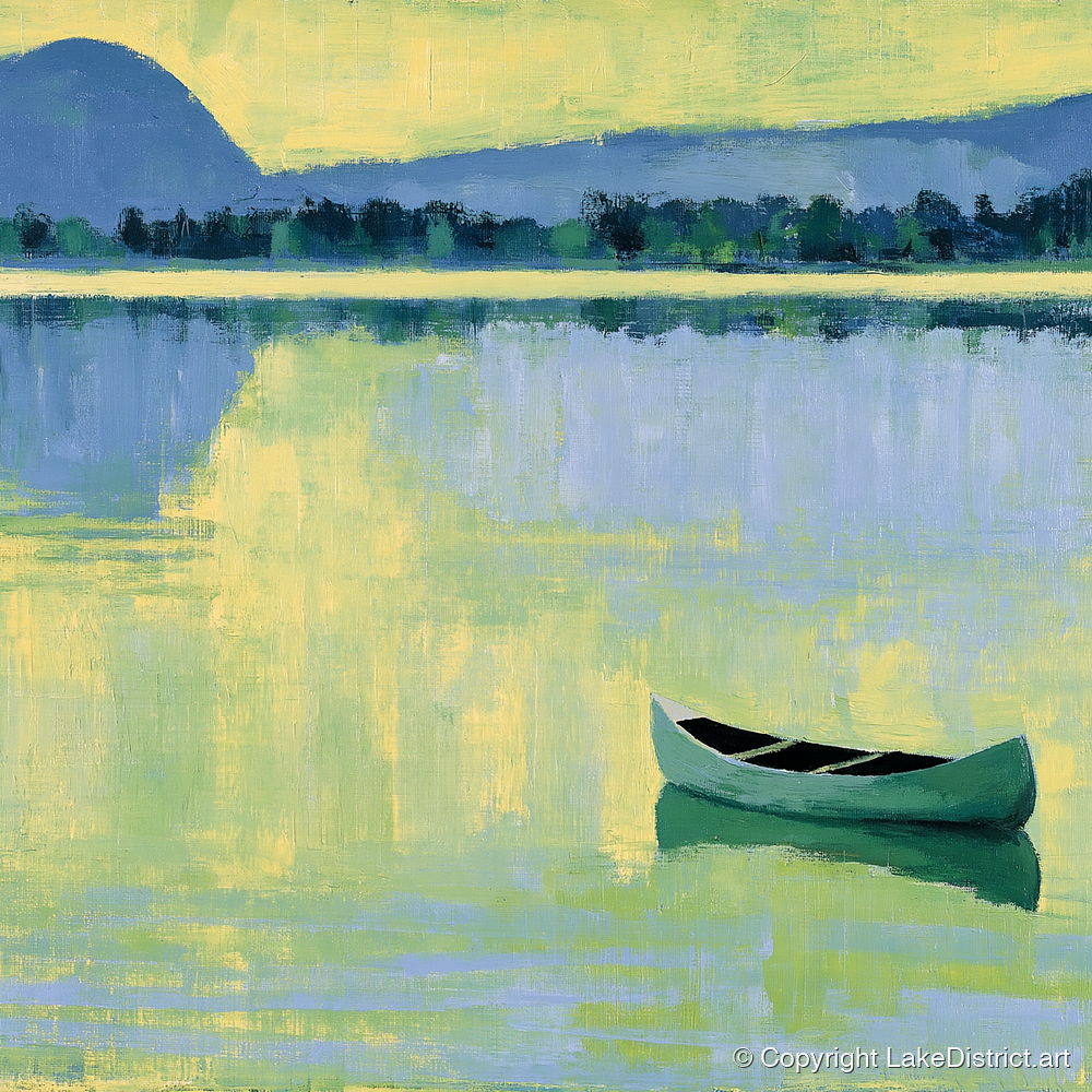 Windermere Canoe in Yellow Light - lake district lake art print and canvas by Miles Langdon A.I