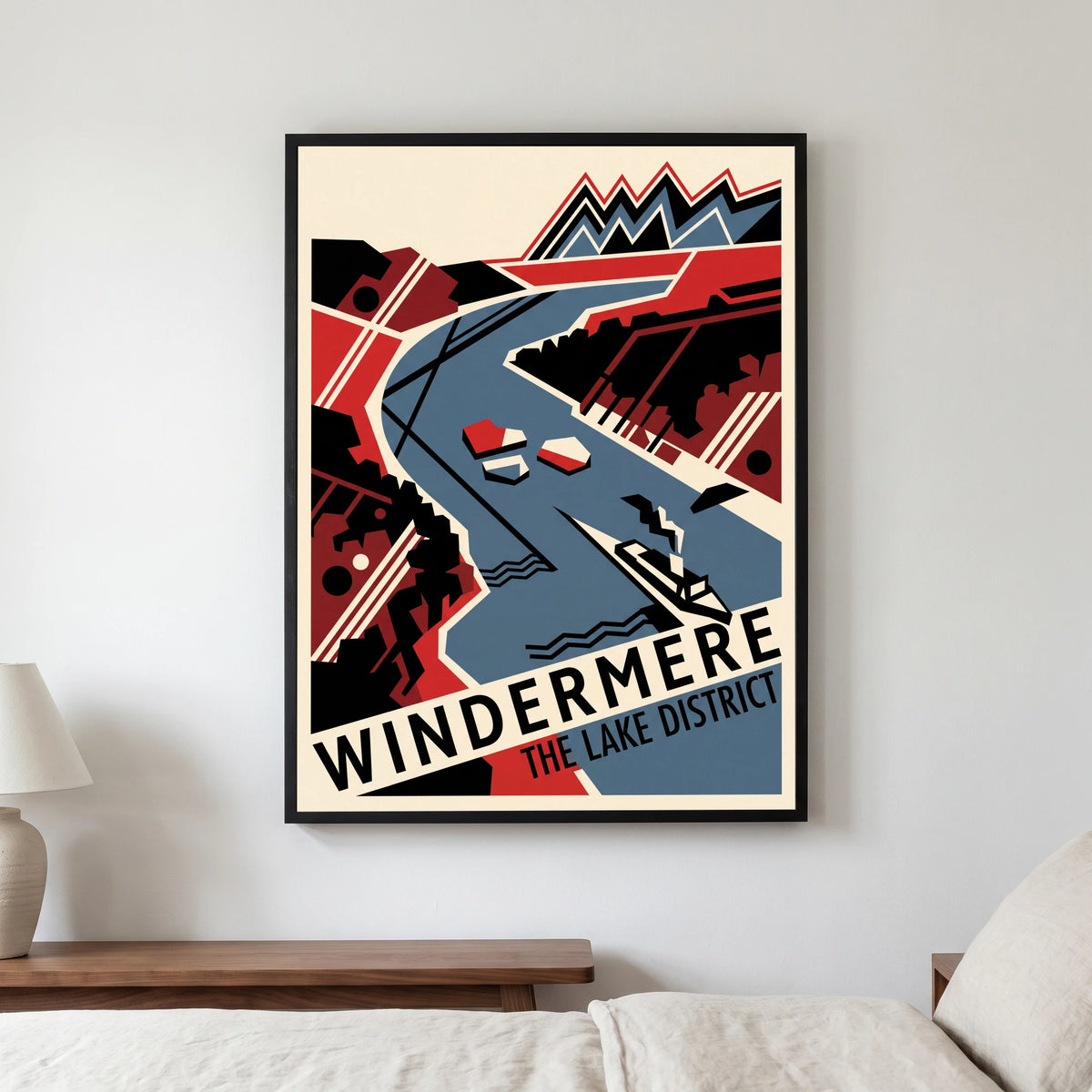 Windermere travel poster in a black frame, hanging in a bedroom3