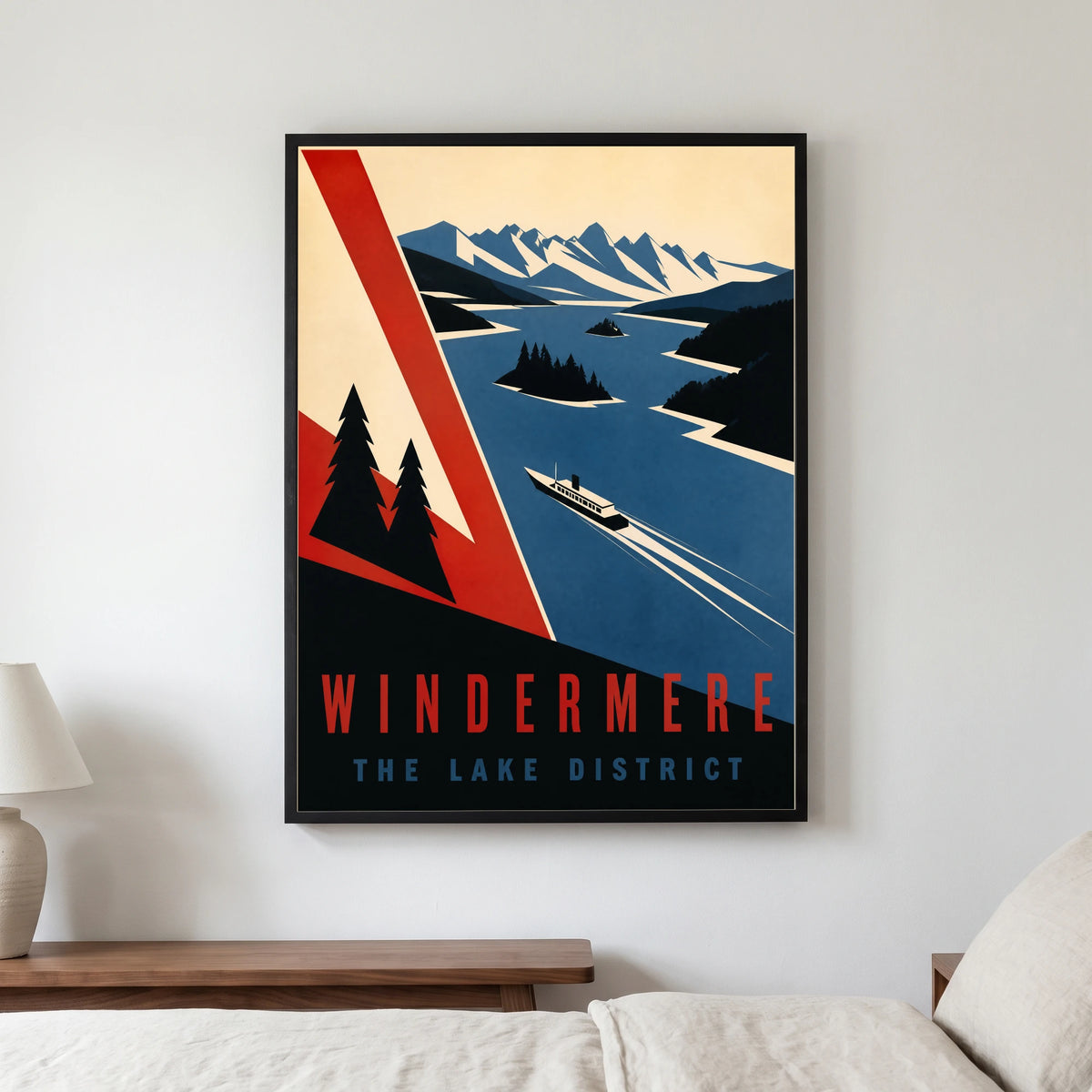 Windermere travel poster in a black frame, hanging in a bedroom3