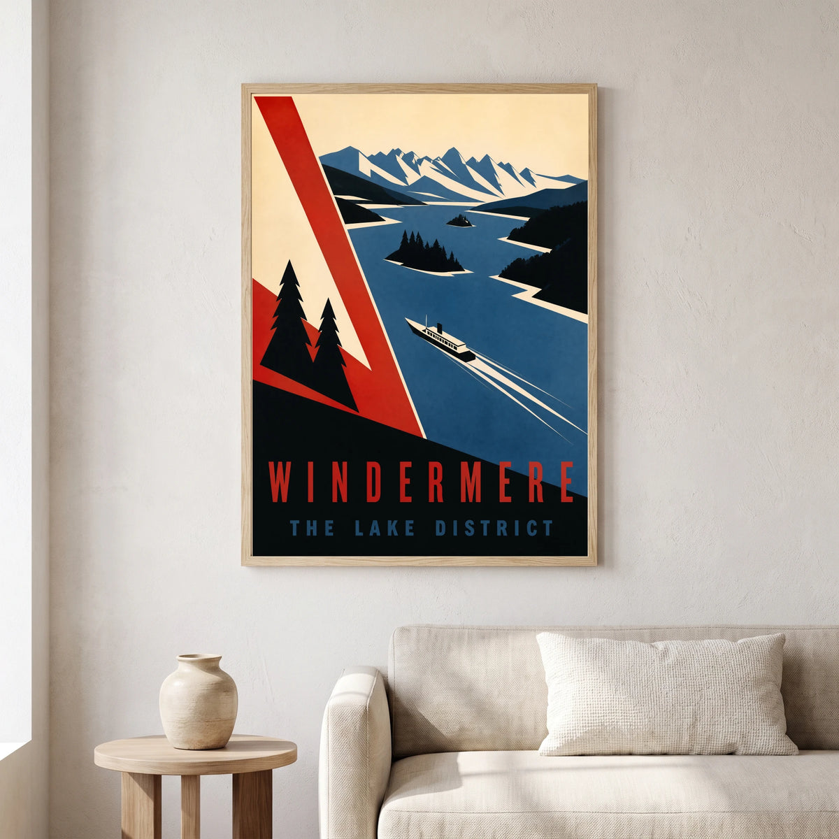 Windermere travel poster in a natural frame, hanging in a living