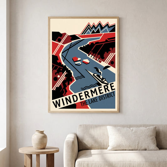 Windermere travel poster in a natural frame, hanging in a living