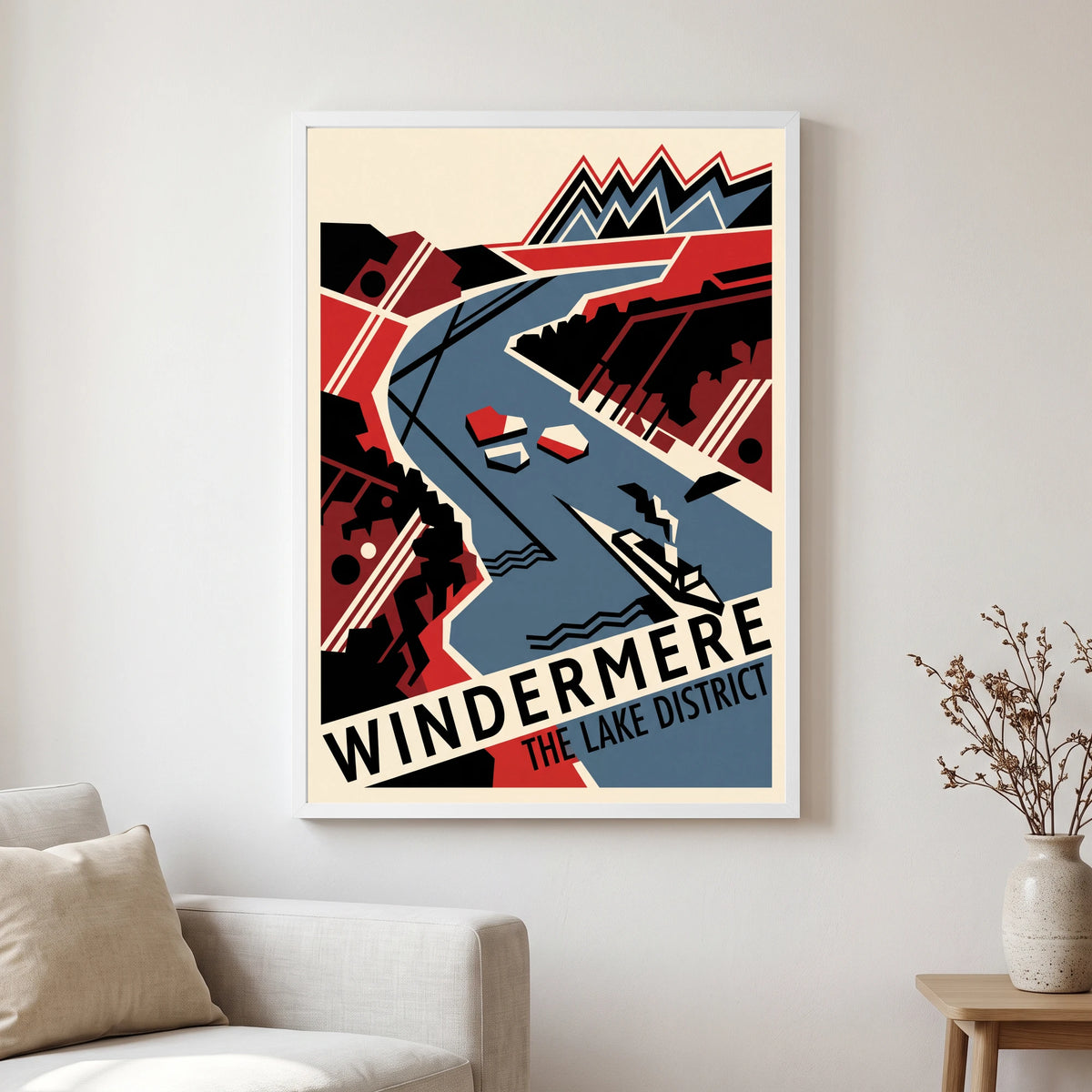 Windermere travel poster in a white frame, hanging in a living2