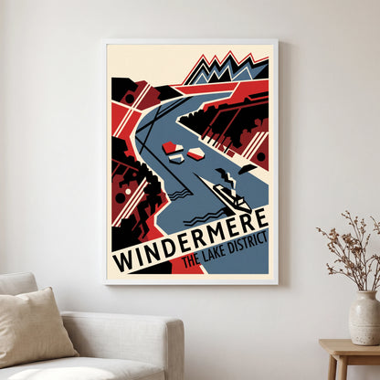 Windermere travel poster in a white frame, hanging in a living2