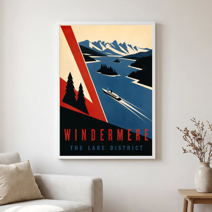 Windermere travel poster in a white frame, hanging in a living2