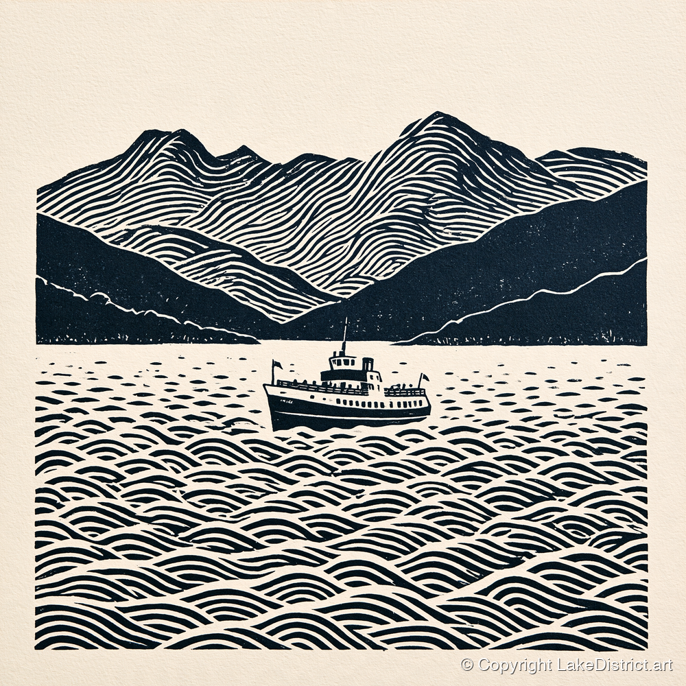 Windermere Cruiser Against Rhythmic Fells - lake district lake art print and canvas by Reuben Shaw A.I