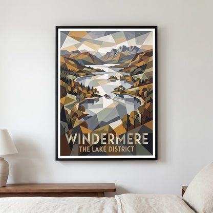 Windermere travel poster in a black frame, hanging in a bedroom3