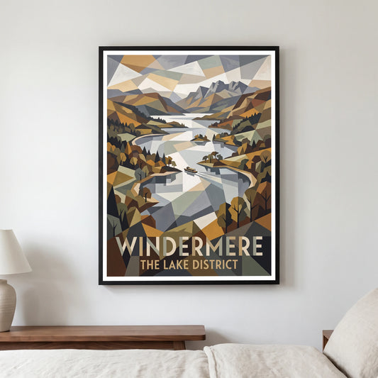 Windermere travel poster in a black frame, hanging in a bedroom3