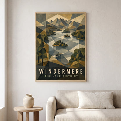 Windermere travel poster in a natural frame, hanging in a living