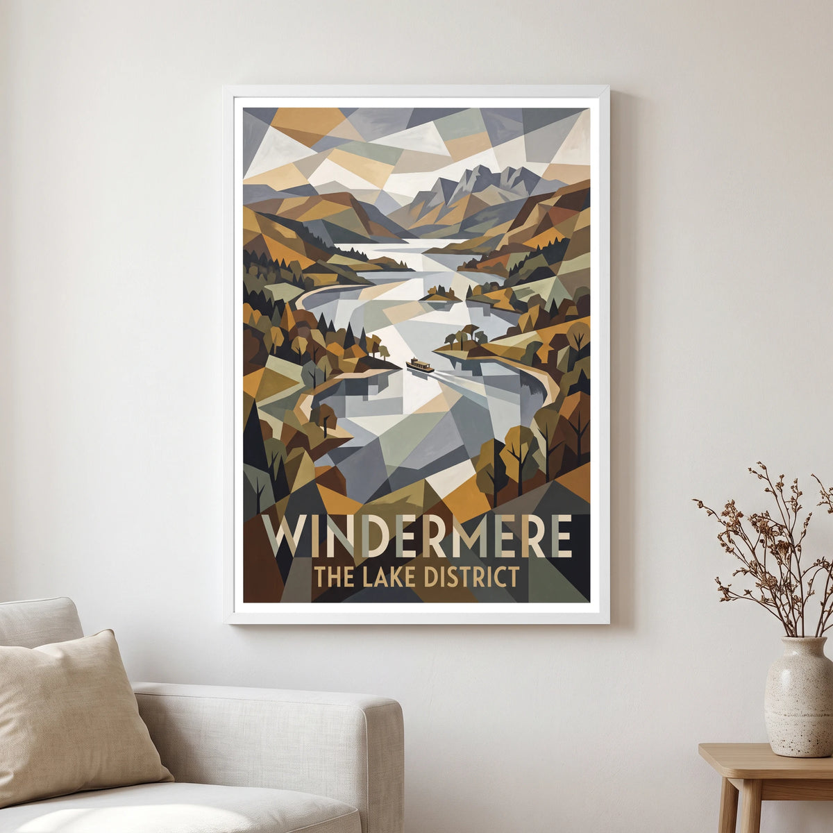 Windermere travel poster in a white frame, hanging in a living2