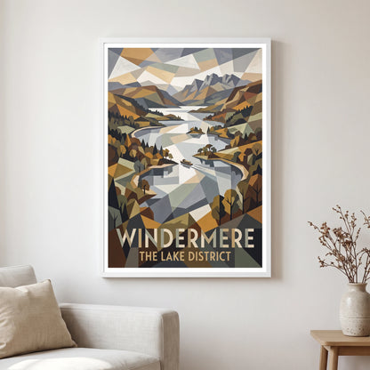 Windermere travel poster in a white frame, hanging in a living2