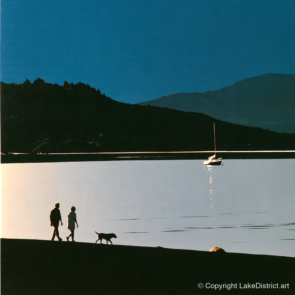 Windermere Dog Walk in Silhouette - gifts for dog walkers art print and canvas by Adelaide Calloway A.I