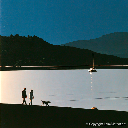 Windermere Dog Walk in Silhouette - gifts for dog walkers art print and canvas by Adelaide Calloway A.I