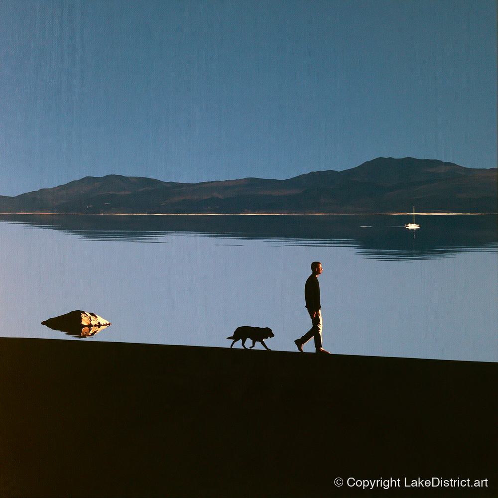 Windermere Dog Walk Silhouette - gifts for dog walkers art print and canvas by Adelaide Calloway A.I