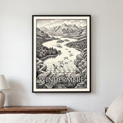 Windermere travel poster in a black frame, hanging in a bedroom3