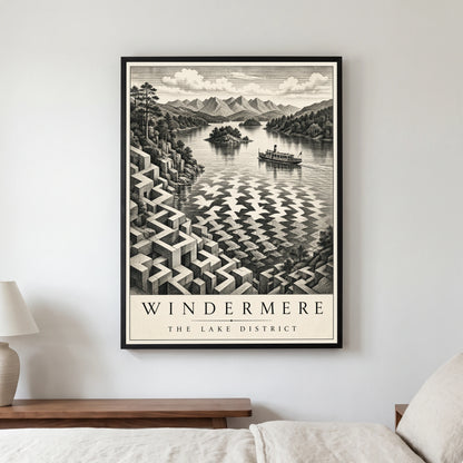 Windermere travel poster in a black frame, hanging in a bedroom3
