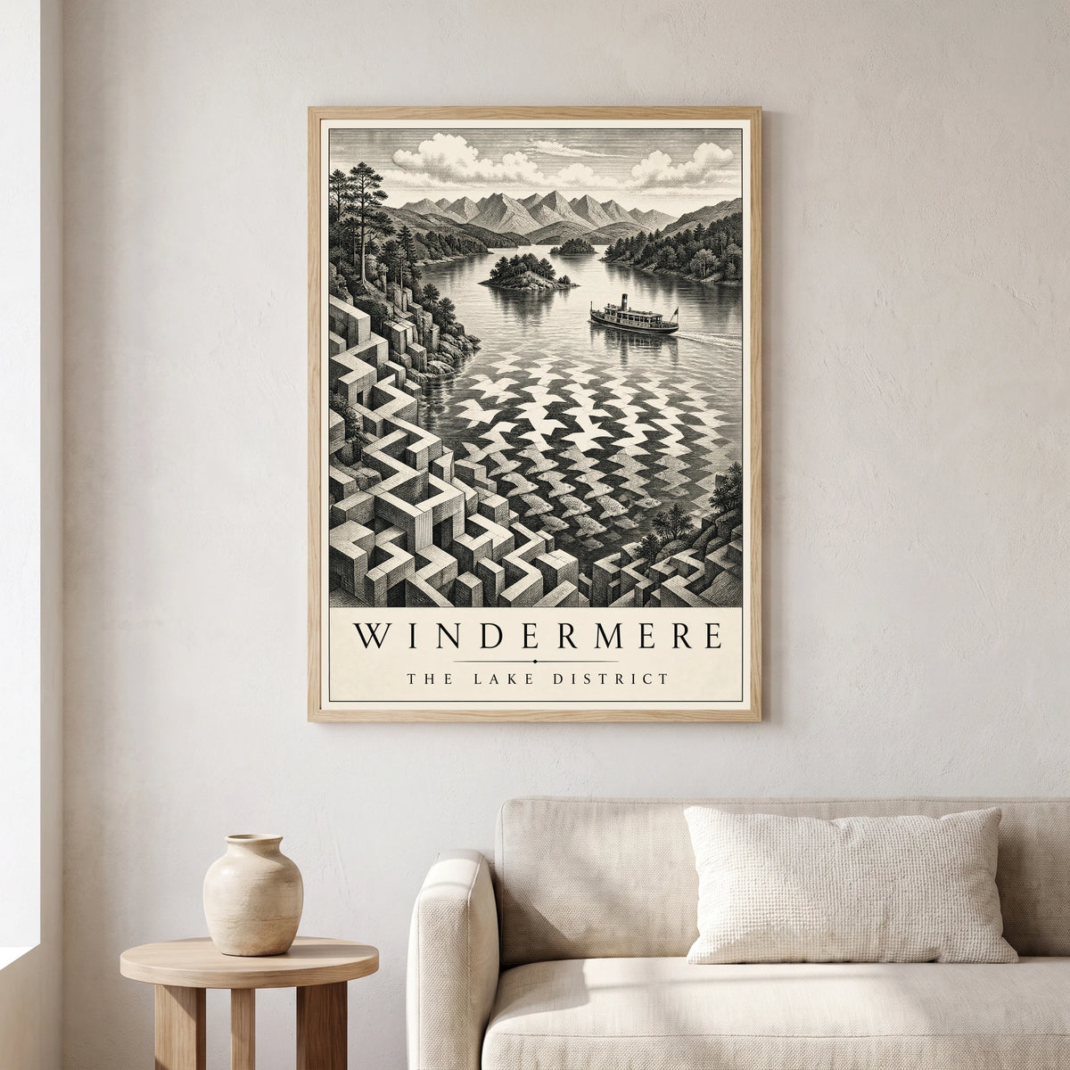 Windermere travel poster in a natural frame, hanging in a living