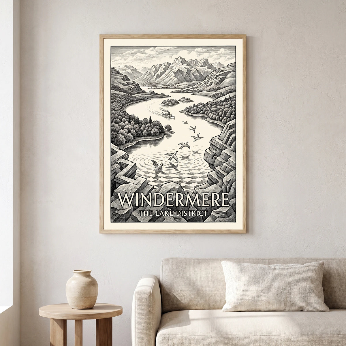 Windermere travel poster in a natural frame, hanging in a living