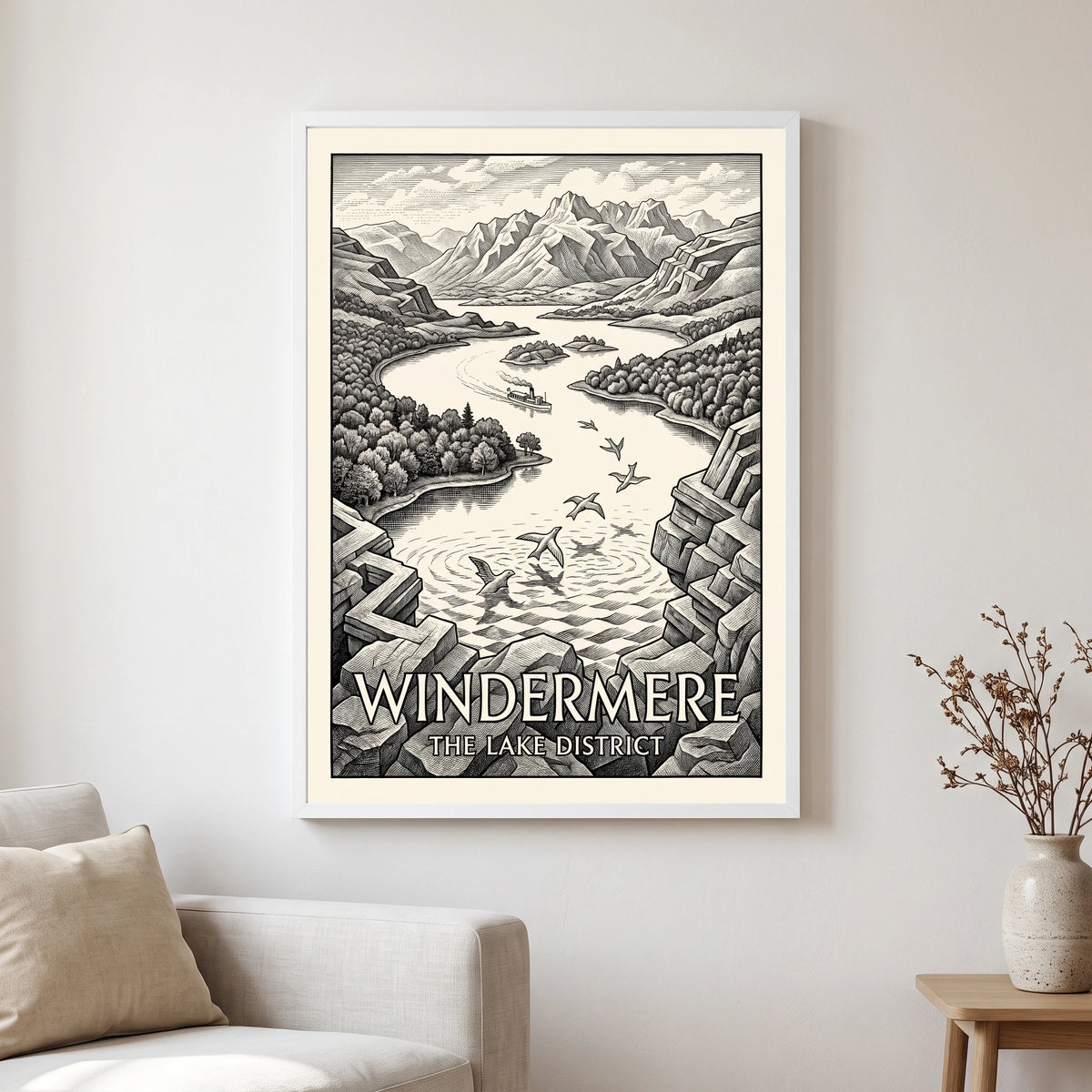 Windermere travel poster in a white frame, hanging in a living2