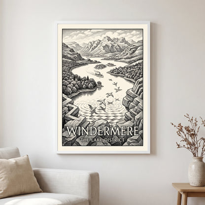 Windermere travel poster in a white frame, hanging in a living2