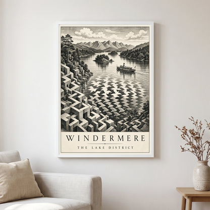 Windermere travel poster in a white frame, hanging in a living2