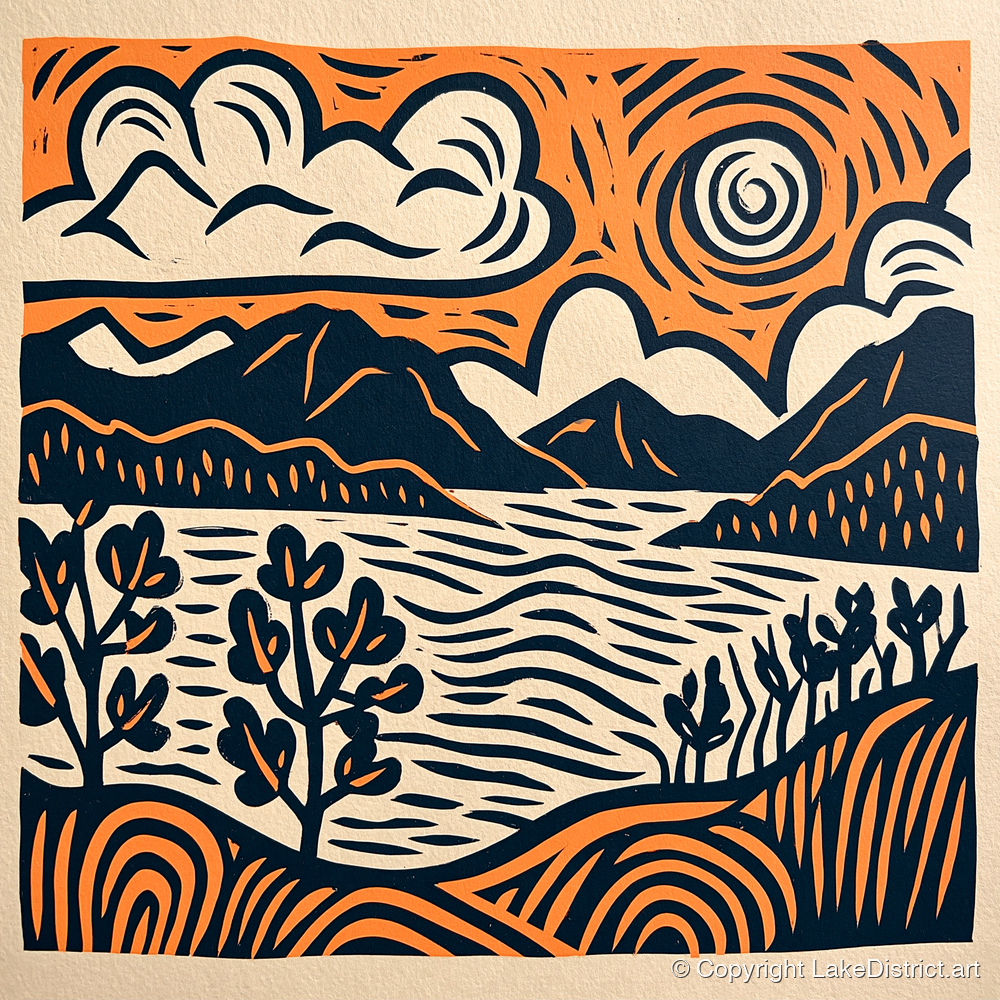 Windermere in Navy and Terracotta - lake district lake art print and canvas by Leon Baxter A.I