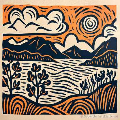 Windermere in Navy and Terracotta - lake district lake art print and canvas by Leon Baxter A.I