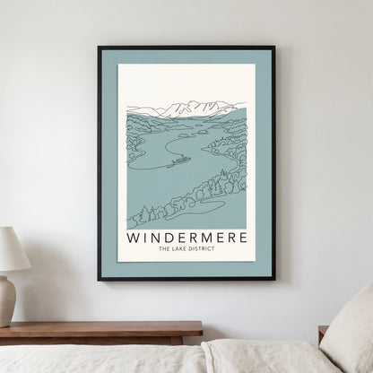 Windermere travel poster in a black frame, hanging in a bedroom3
