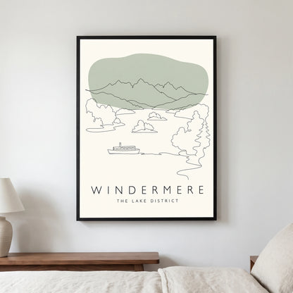 Windermere travel poster in a black frame, hanging in a bedroom3