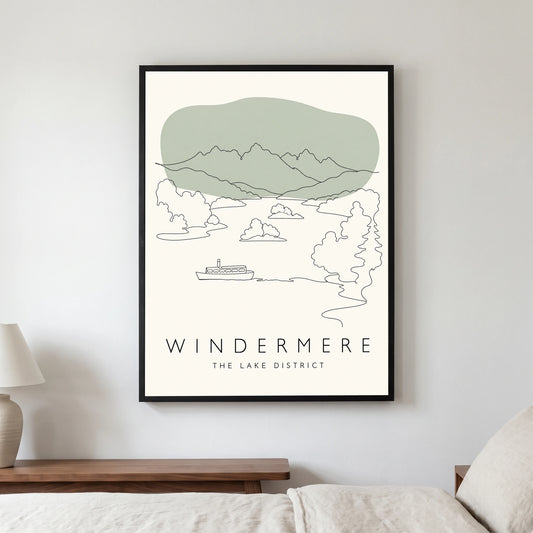 Windermere travel poster in a black frame, hanging in a bedroom3