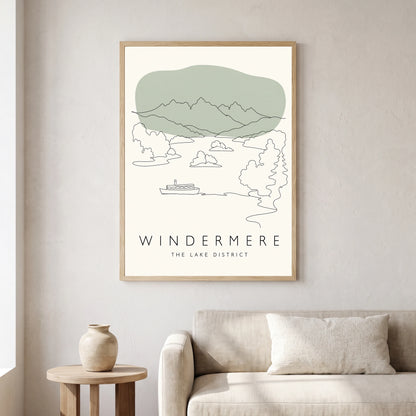 Windermere travel poster in a natural frame, hanging in a living