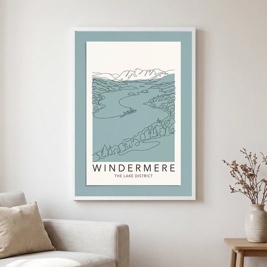 Windermere travel poster in a white frame, hanging in a living2