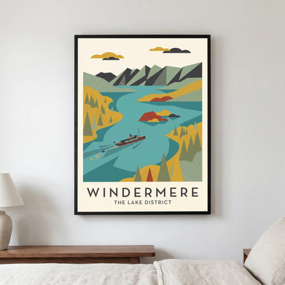 Windermere travel poster in a black frame, hanging in a bedroom3
