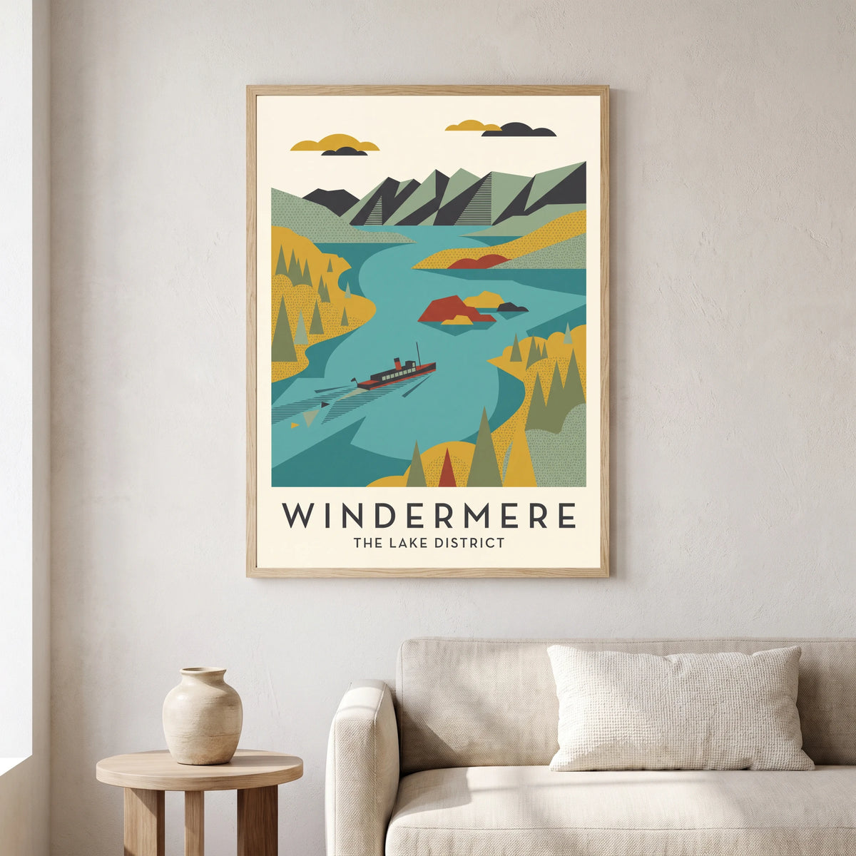 Windermere travel poster in a natural frame, hanging in a living
